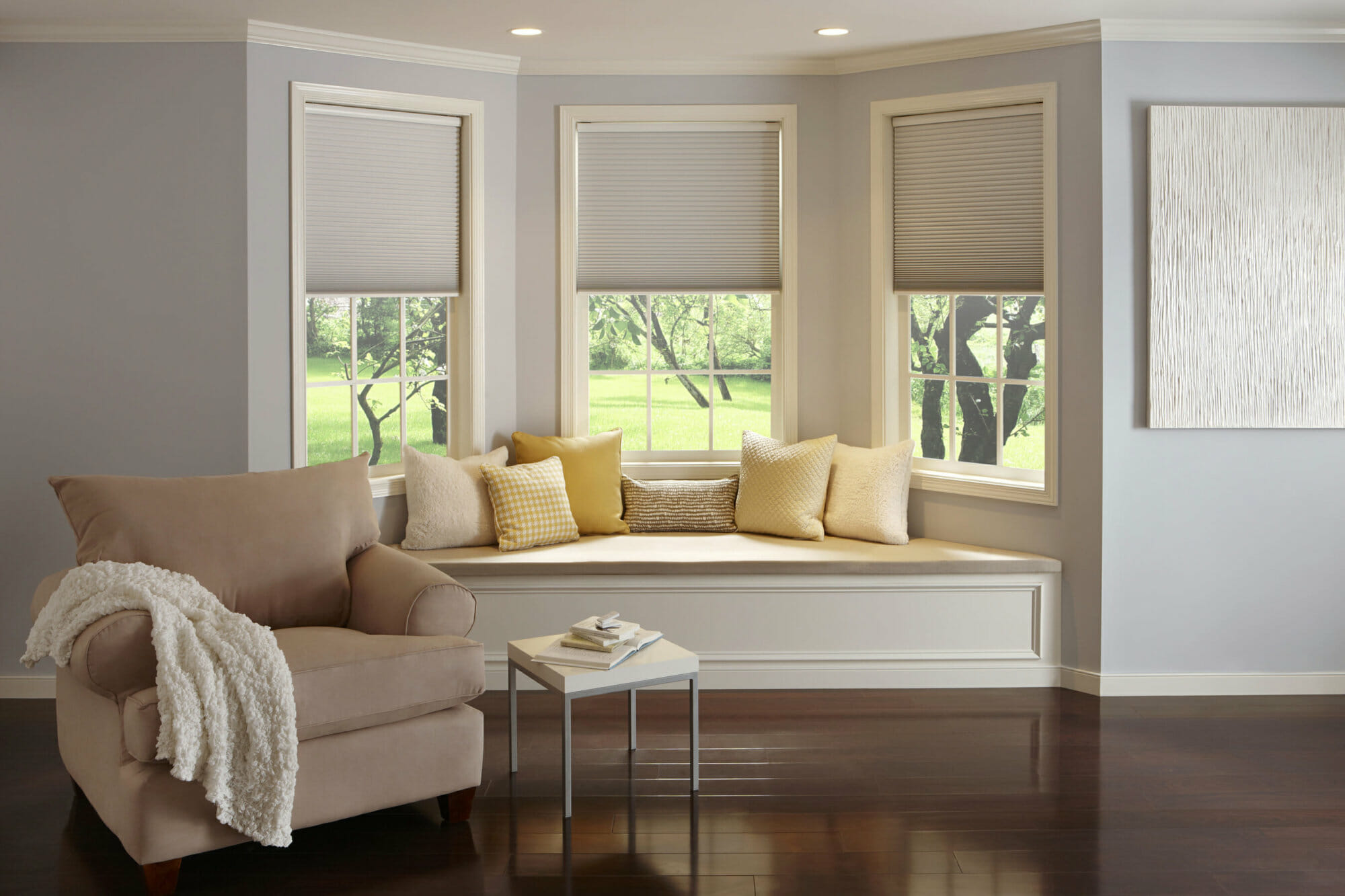 Living Room Cellular Shades With Curtains