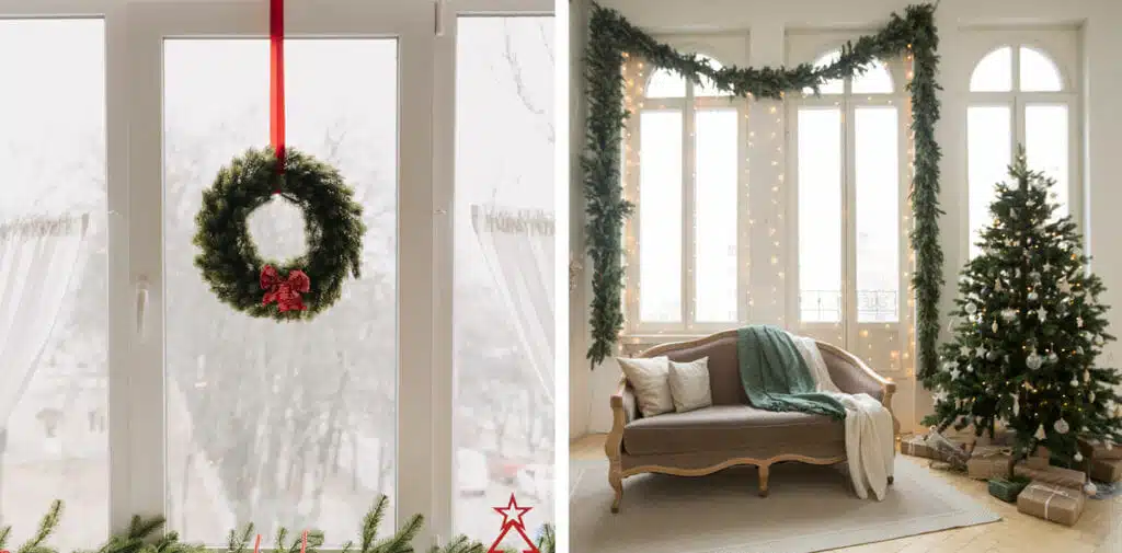 Sofa and Christmas tree near windows