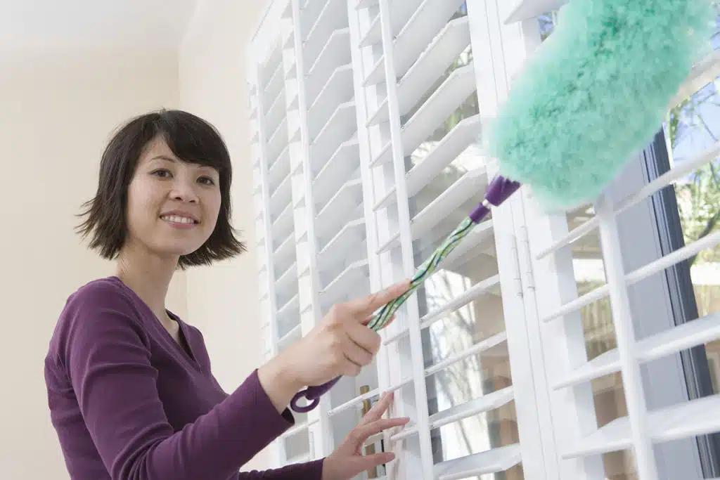 Woman dusting window