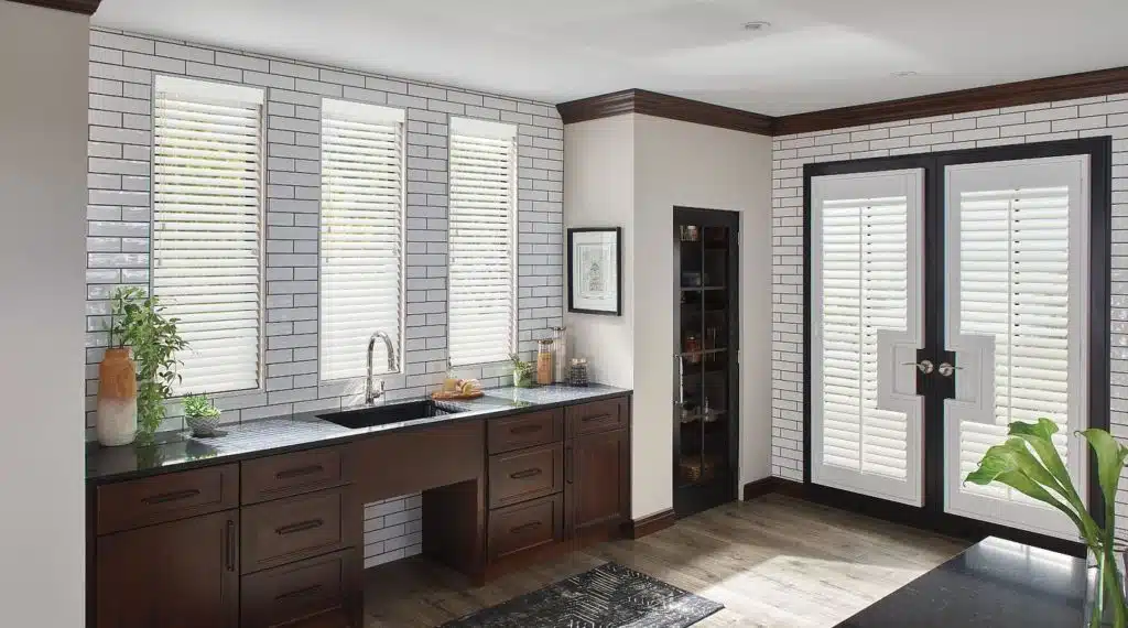 faux wood blinds in bright kitchen