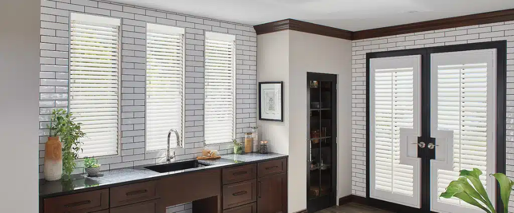 3 Blind Mice WIndow coverings 1024 x 426 (3) Having a view from your kitchen sink can make prepping food or washing the dishes more pleasurable. Shutters are a low-maintenance alternative to drapery that gives light control and views.