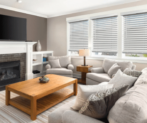 Faux wood blinds in living room