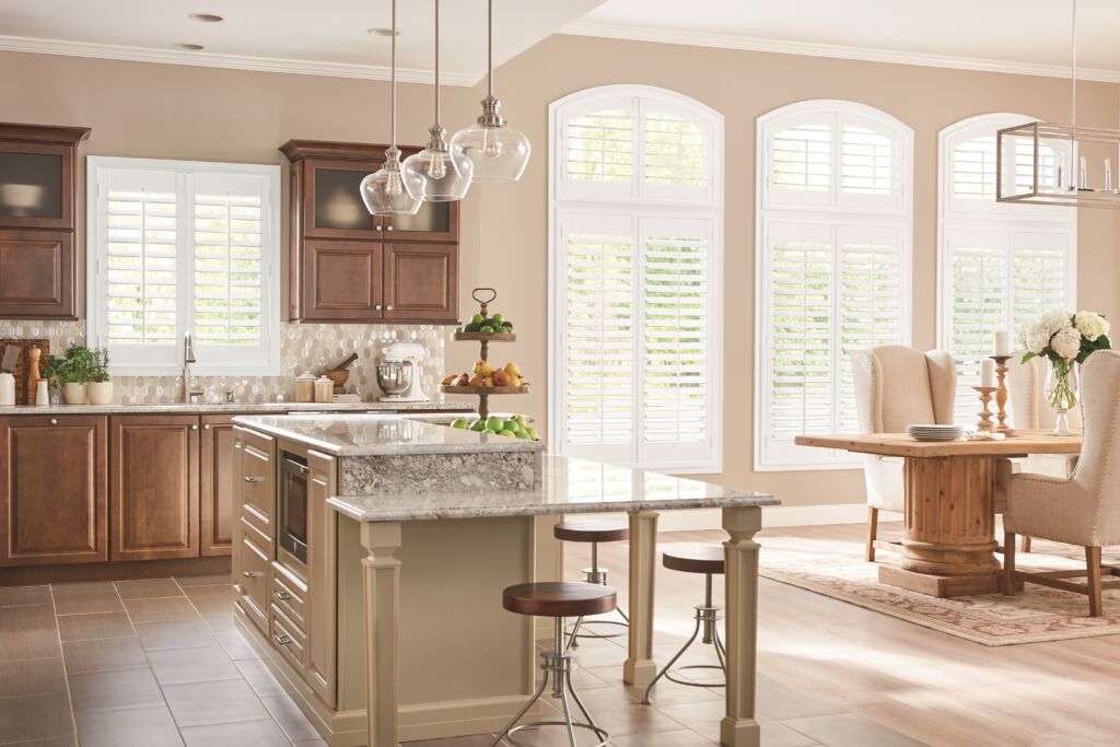 image of kitchen with composite wood and arched shutters