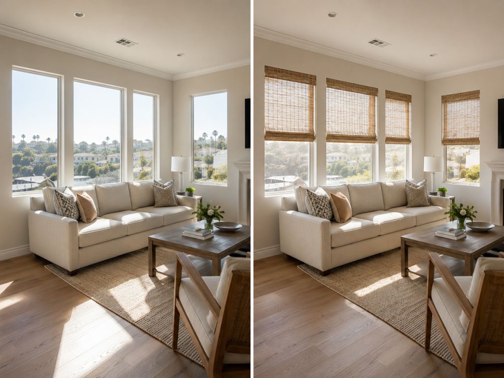 Before and after custom woven shades installation in a Carlsbad, California living room by 3 Blind Mice Window Coverings, winner of Best Window Covering Company in North County San Diego.