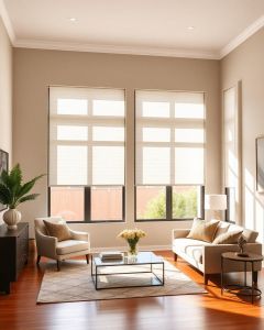 Custom woven shades installed in a Carlsbad living room