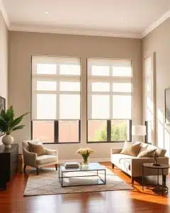 Custom woven shades installed in a Carlsbad living room