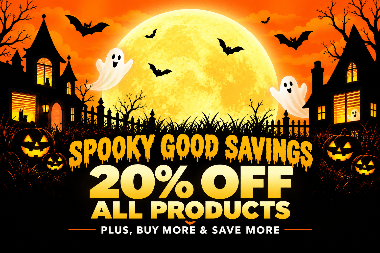 Spooky Halloween savings hero banner Halloween-themed graphic: 20% off all window coverings, plus additional buy more, save more discounts.